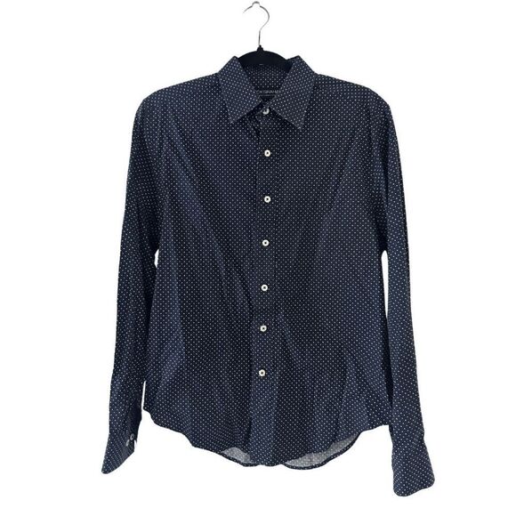 Nick Graham Men Navy Blue White Polka Dot Slim Fit Stretch Button Up Shirt Small - Picture 1 of 5